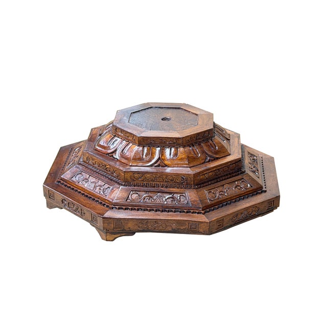 Asian 4.5" Vintage Octagonal Wood Carved Steps Lotus Motif Display Base Stand For Sale - Image 3 of 7