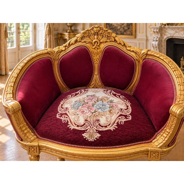 Burgundy 1960 Artisan Louis XVI Burgundy Beech Sofa Set-3 Pc For Sale - Image 8 of 16