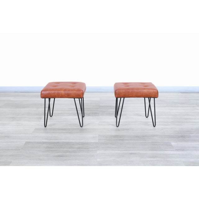 1950s Mid-Century Modern Cognac Leather and Iron Harp Leg Stools, 1950s For Sale - Image 5 of 11