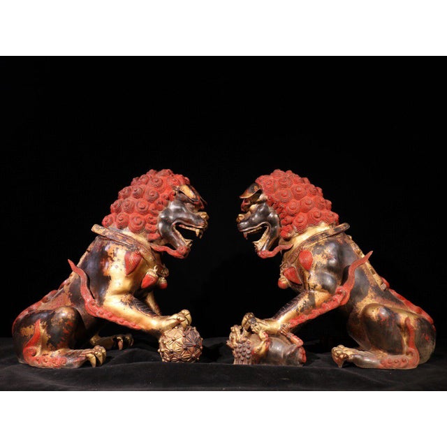 Bronze Monumental Pair of Vintage Gilt Bronze & Cinnabar Guardian Lions – Large Temple Foo Dogs For Sale - Image 8 of 12