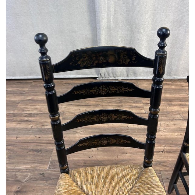 French Country Chair Vintage L. Hitchcock French Country Black Ladder Back Rush Chair Stenciled For Sale - Image 3 of 6