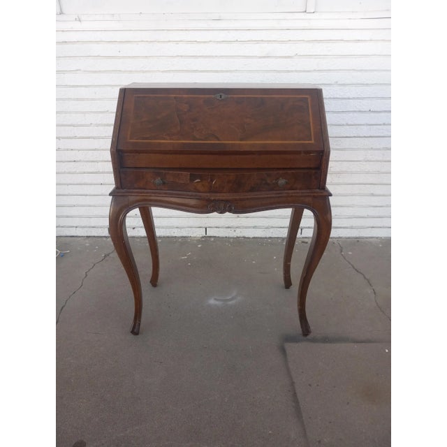 Wood Late 20th Century French Provincial Burl Walnut W/ Inlay Drop Front Desk For Sale - Image 7 of 9