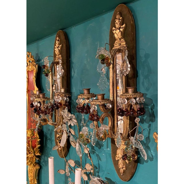 Pair of French 19th Century Bronze Sconces with Fruit Shaped Crystal Pendants - A Pair For Sale - Image 9 of 12