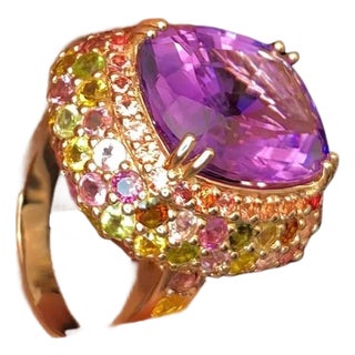 Bochic "Orient" Vintage Amethyst & Multi Sapphire Ring Set In 18K Solid Gold For Sale