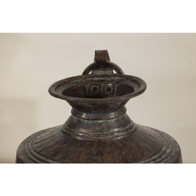 Hand-Hammered Indian Metal Milk Jug with Ring Handle, Vintage For Sale - Image 9 of 18