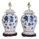 Pair of Vintage Brunschwig & Fils Cadiz Table Lamps - Blue and Cream Ceramic With Boar and Deer Motif For Sale