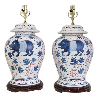 Pair of Vintage Brunschwig & Fils Cadiz Table Lamps - Blue and Cream Ceramic With Boar and Deer Motif For Sale
