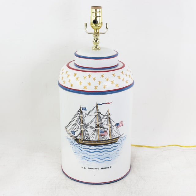 Vintage Hand-Painted u.s. Frigate Hornet Patriotic Tole Table Lamps - a Pair For Sale - Image 4 of 12