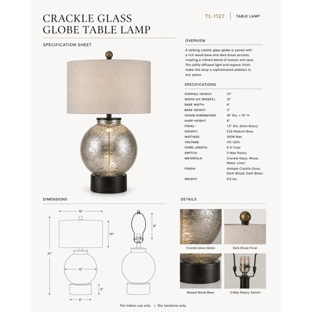 Contemporary Late 20th Century Crackle Glass Globe Table Lamp With Dark Wood Base & Linen Drum Shade — 27” For Sale - Image 3 of 5