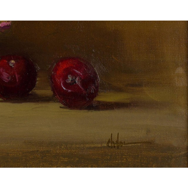 Sun Flowers by Nancy Chaboun | Oil on canvas Still life with sunflowers and fruit in a vase. For Sale - Image 4 of 4