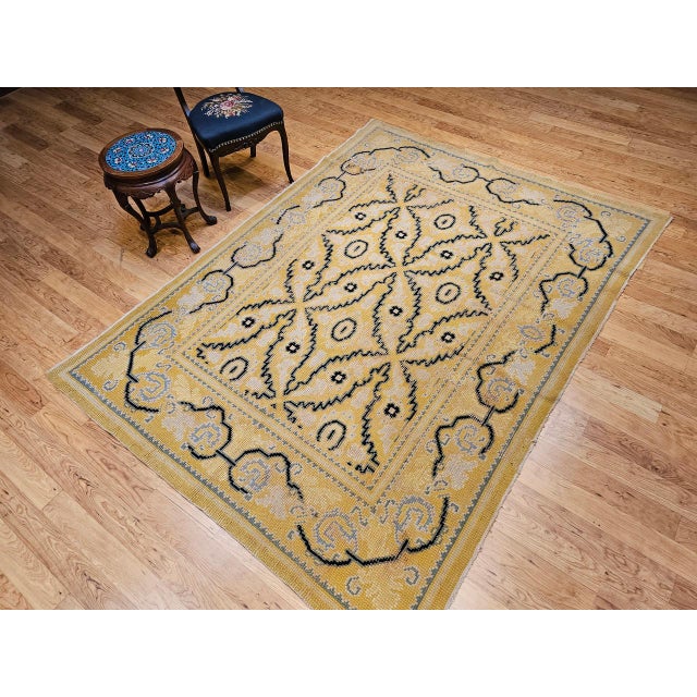 Tan Vintage French Area Rug, Hand-Knotted Wool, Allover Geometric Design, Tan & Black, 6x9 For Sale - Image 8 of 17
