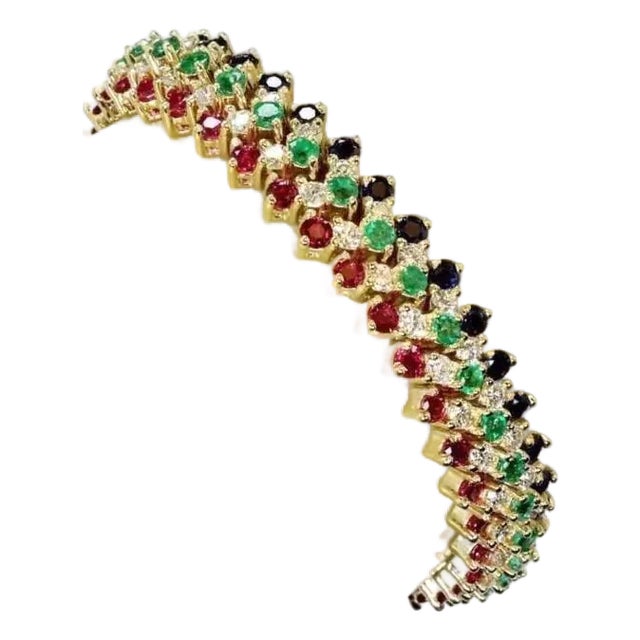Diamond & Gems Bracelet 18k Yellow Gold 12mm Wide Flex Link For Sale