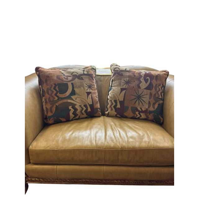 Hand-Carved Cognac Leather Loveseat With Exposed Wood Frame Traditional European Style 71”w For Sale - Image 9 of 12