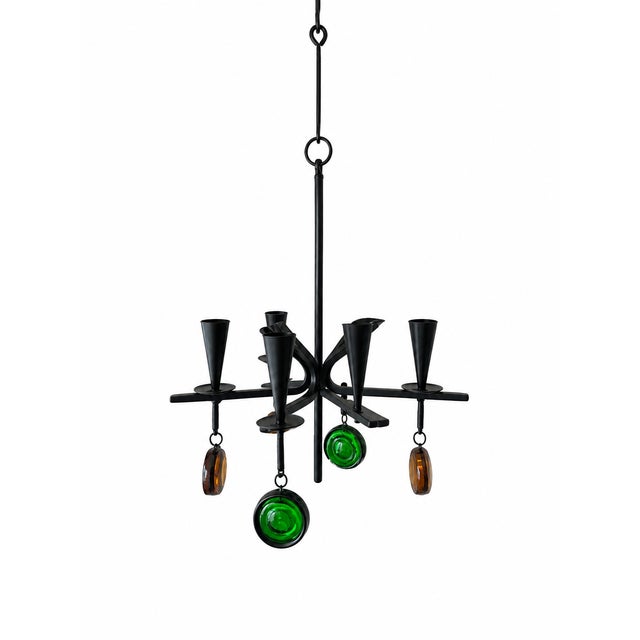 Mid-Century Modern Wrought Iron 4-Arm Candle Chandelier with Green and Amber Glass Pendants by Gunnar Ander for Ystad-Metall, Sweden, 1960s For Sale - Image 3 of 10