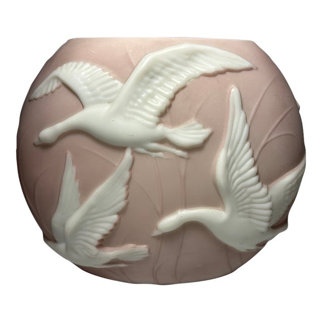 Stunning Phoenix Glass Flying Geese Cameo Vase Raised Relief Geese Flying White Pink Art Deco For Sale
