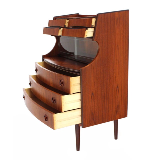 1970s Danish Teak Pull Out Desk Secretary Desk Bachelor Chest Bookcase Bow Front For Sale - Image 5 of 8