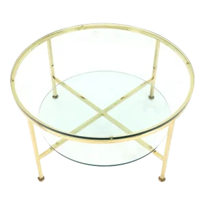 Two Tier Cross Shape Brass Base Round Occasional Coffee Side End Table Stand