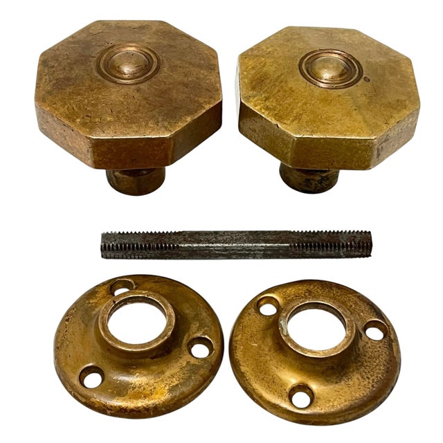 Antique American Art Deco Octagonal Brass Door Knobs W/ Rosettes. A Pair For Sale - Image 6 of 12