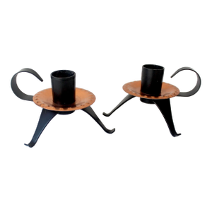 Set of Two Mid Century Modern Retro Atomic Style Copper and Black Candle Holders Made in Sweden