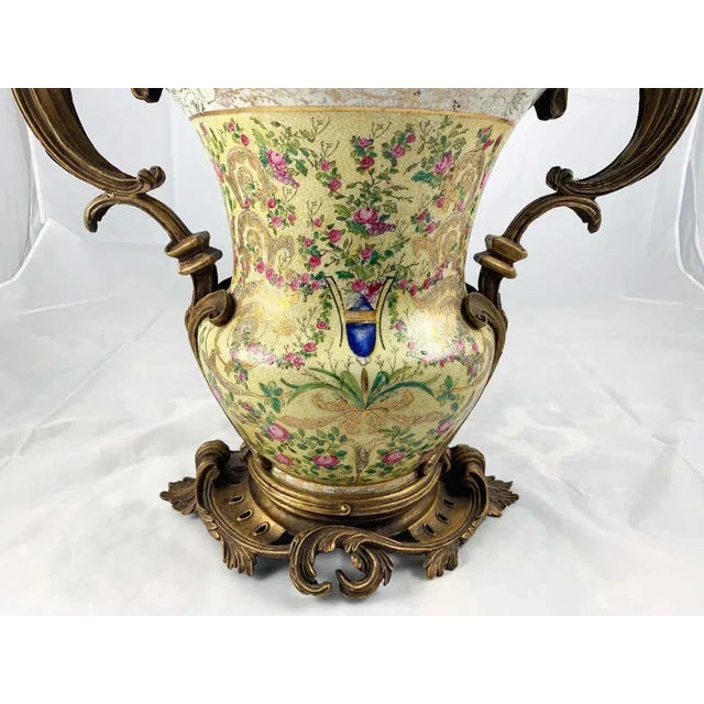 Gold 20th Century French Porcelain and Ormolu Twin-Handled Urns, Set of 2 For Sale - Image 8 of 14