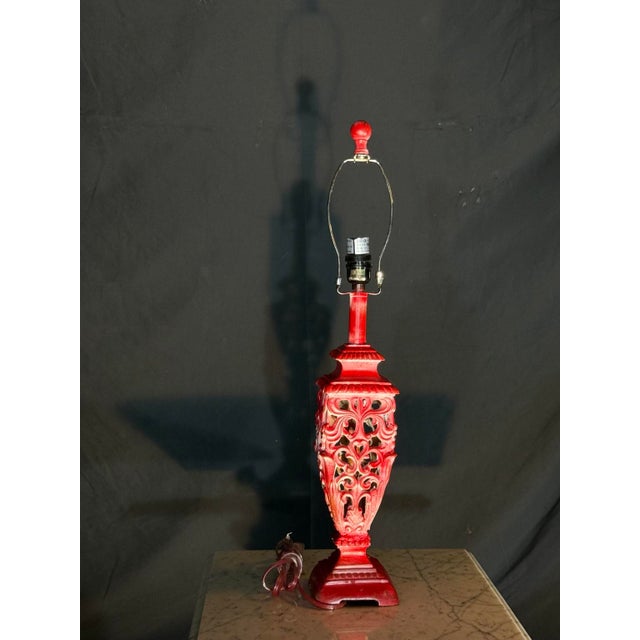 Decorative Red Carved Openwork Table Lamp Base, 28" For Sale - Image 4 of 5