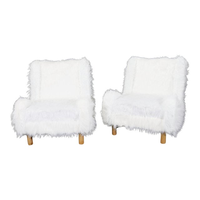 Gorgeous Pair of Low Slung Faux Fur Chairs With Oak Frames For Sale