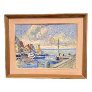 Scandinavian School, Port with Moored Sailboats, 1950s, Oil on Panel, Framed For Sale