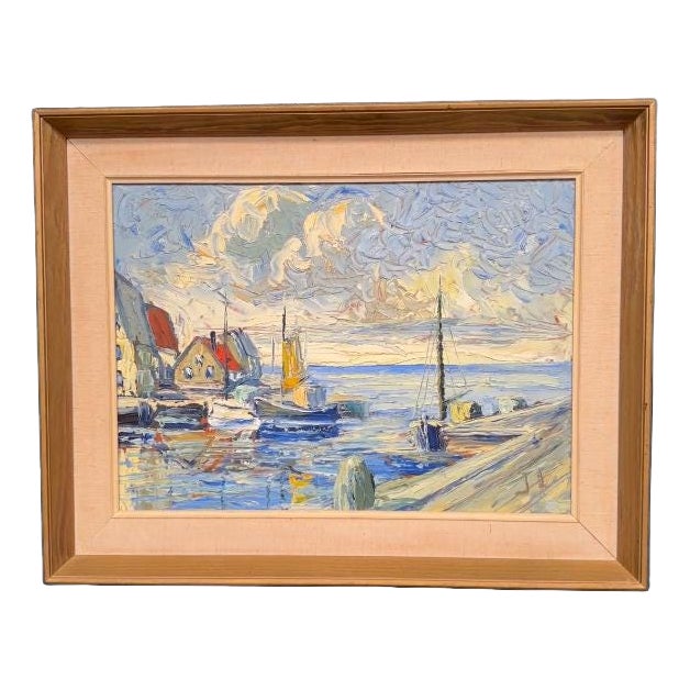 Scandinavian School, Port with Moored Sailboats, 1950s, Oil on Panel, Framed For Sale