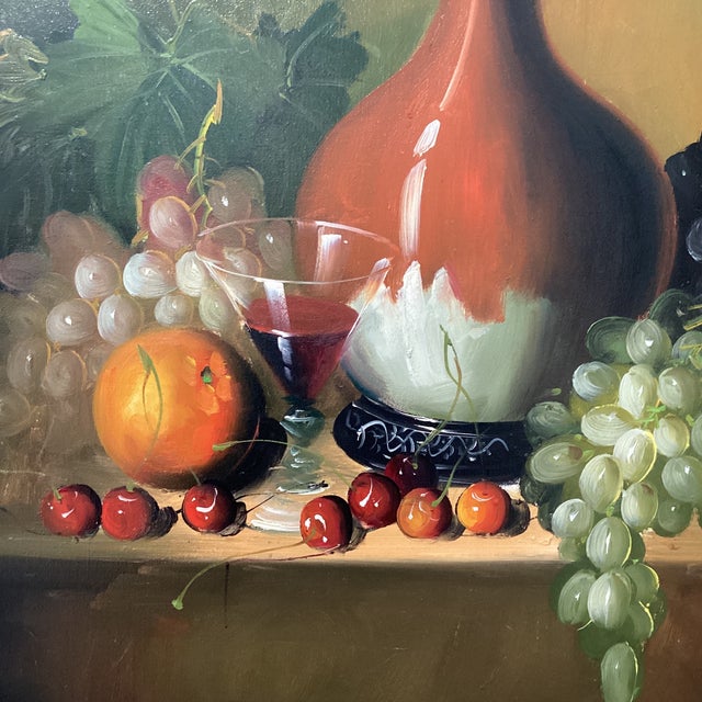Realistic Painting on Canvas Still Life Fruit and Pottery Composition by Frank Lean Framed Circa 1960s For Sale In Chicago - Image 6 of 12