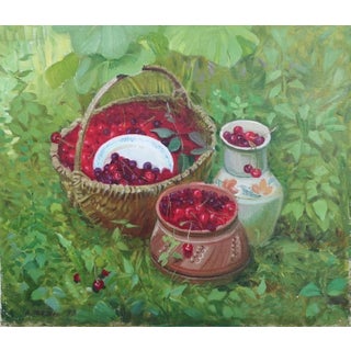 Vintage Still Life Oil Painting: Cherries, Basket, Ukrainian Art 60-70 For Sale