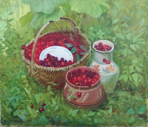 Vintage Still Life Oil Painting: Cherries, Basket, Ukrainian Art 60-70