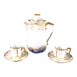 Late 18th Century White Bisque Vignaud Feres Chocolate Pot With Gold Trim and Two Cups - 5 pcs For Sale