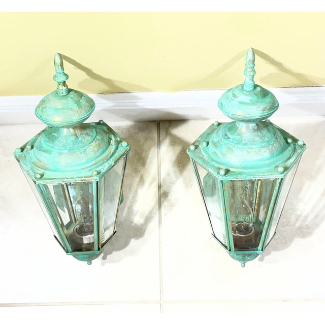 : Pair of Vintage Solid Brass Outdoor Wall Lanterns / 16” High For Sale - Image 15 of 15
