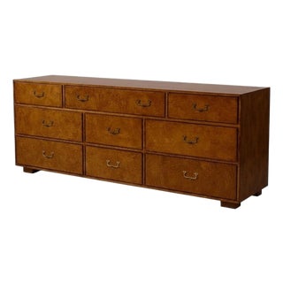 1970s John Widdicomb Burlwood Modern Campaign Style Credenza / Chest of Drawers For Sale