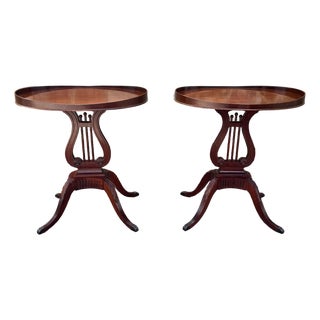 Pair C. 1940s Mahogany Oval Tray Top Side Tables on Lyre Supports & Duncan Phyfe Legs by Mersman For Sale