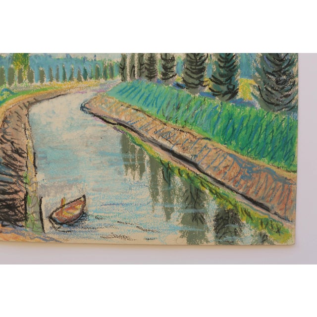 Kelly Green 1950s Mid-Century Swedish Folk Art Original Oil Pastel Painting, Canal With a Rowboat and Greenery For Sale - Image 8 of 18
