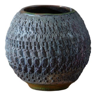 Signed J. Lares Raku Studio Pottery Vessel With Carved Textural Surface For Sale