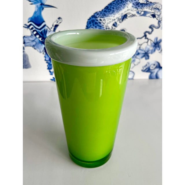 Handblown Lime Green Glass Vase | MCM Bright Green Glass Vase | Handmade Glass Green and White Cased Interior | Mid...
