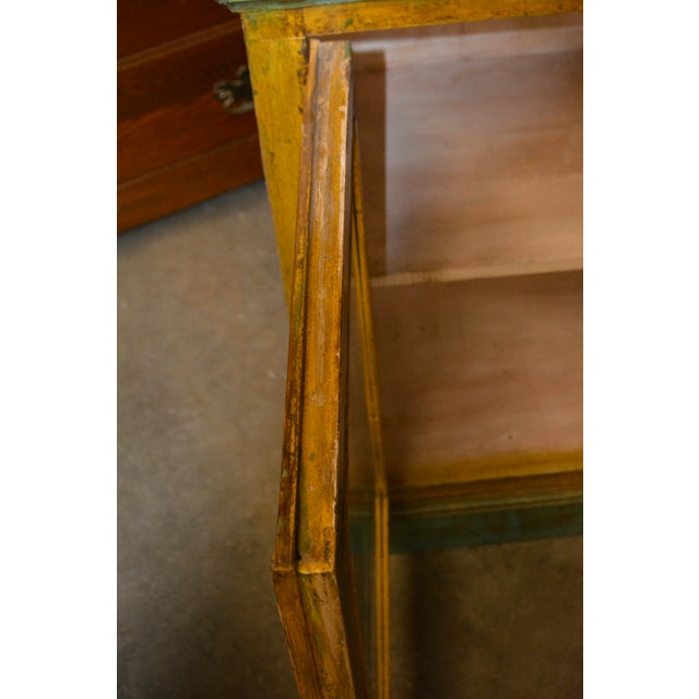 1990s Rustic Heavy Wooden Cabinet / Nightstand W/ Green Trim Patina & Single Glass Door For Sale - Image 11 of 18