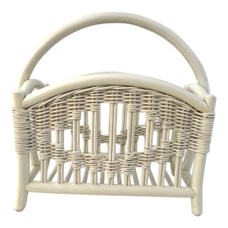 Mid-Century White Bamboo & Rattan Magazine Rack For Sale