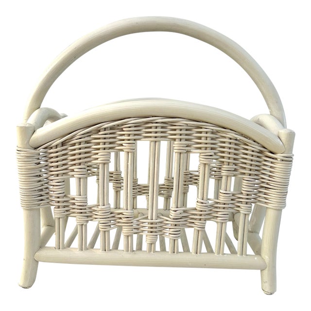 Mid-Century White Bamboo & Rattan Magazine Rack For Sale