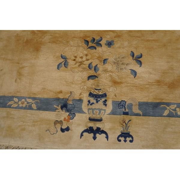 1980s Beige Floral Open Field Large Scale Vintage Chinese Peking Knotted Rug For Sale - Image 9 of 11