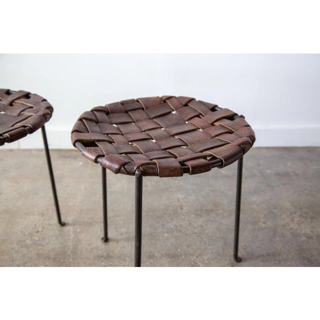 Metal Pair of 1940s Mid Century Modern Swift and Monell Woven Leather & Iron Stools For Sale - Image 7 of 12