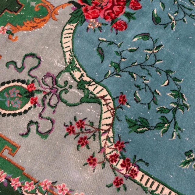 Vintage 1960s Turkish Sparta Savonnerie Rug, Teal Blue & Emerald Green With Roses – 6'8" X 9'9" For Sale - Image 4 of 12
