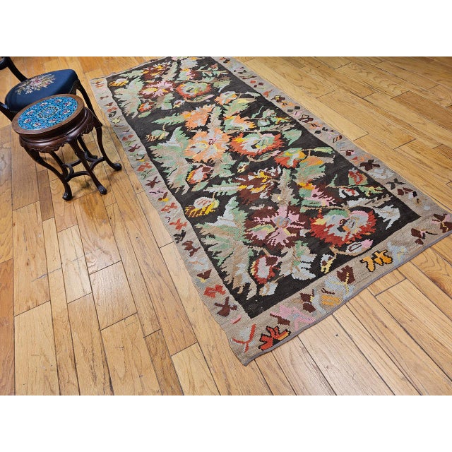 Vintage Caucasian Karabagh Kilim Runner, Handwoven Wool, Allover Floral Pattern, Brown & Tan, 5x11 For Sale In Chicago - Image 6 of 16