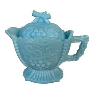 1920s Westmoreland Blue Milk Glass Grape and Cherry Patterned Creamer Pitcher With Lid For Sale