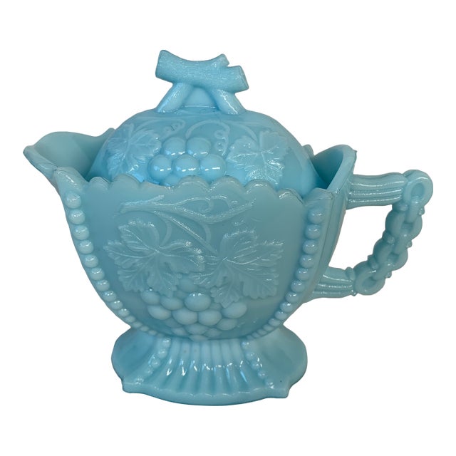 1920s Westmoreland Blue Milk Glass Grape and Cherry Patterned Creamer Pitcher With Lid For Sale