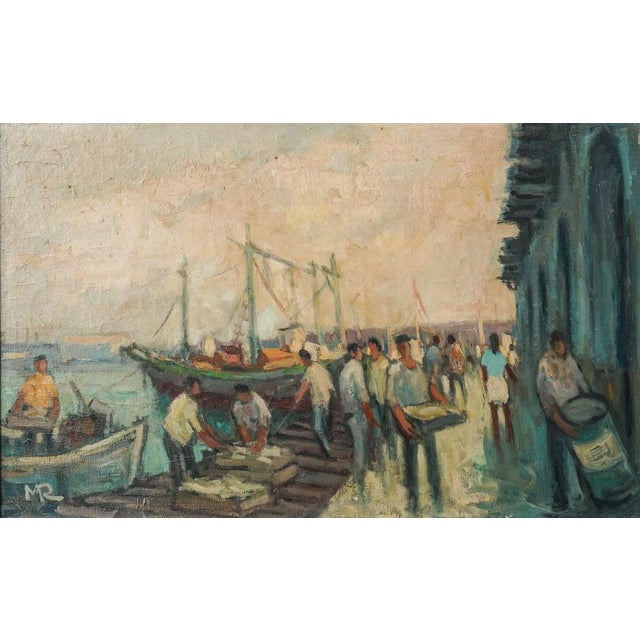 Frame impressionist oil on canvas of fishermen unloading their days catch at mariners al port d'arenys Artist Name: Josep...