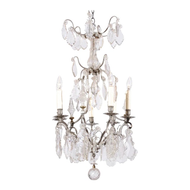 19th Century French Six-Light Crystal Chandelier with Silvered Iron Armature For Sale
