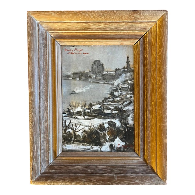 1930's Impressionist Winter Snow Scene Oil Painting on Canvas "Bund of Shanghai Covered With Snow" For Sale